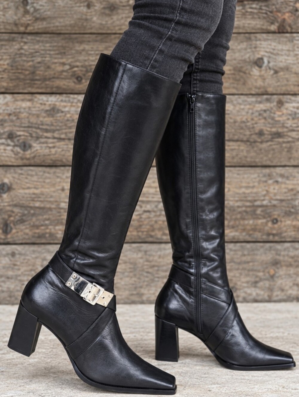 Y2K 90's Grey Mer Y2K Moto Equestrian Leather Sqaure Toe Knee High Boots EU 36